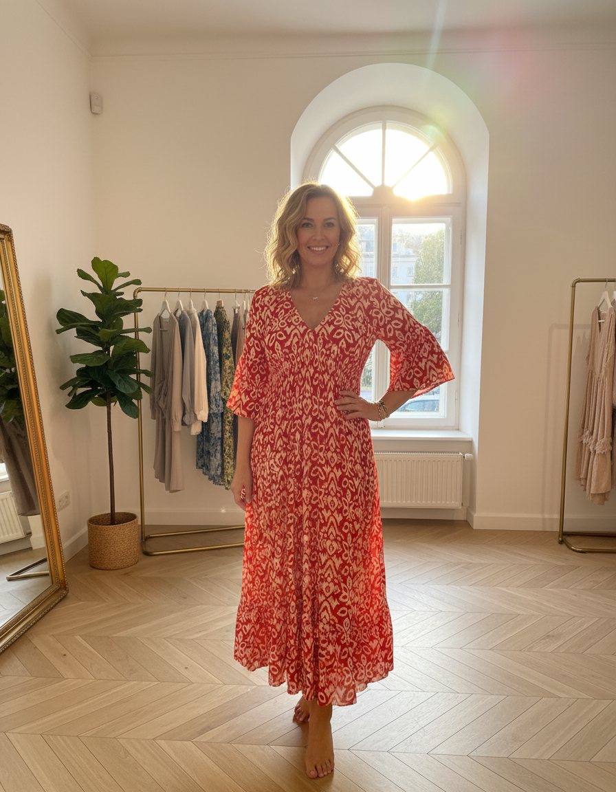 Selene Bohemian Midi Dress - Czerwony - front