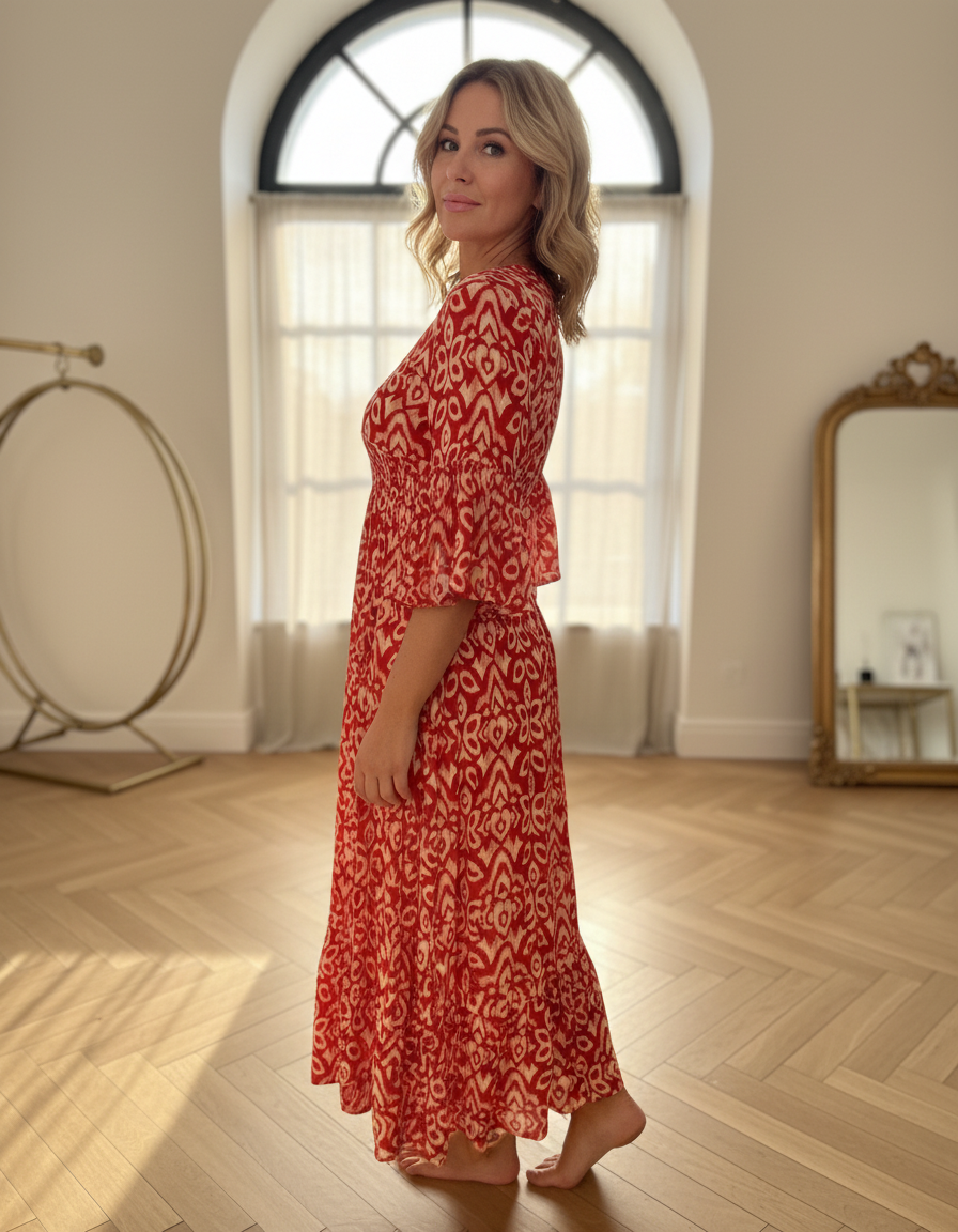 Selene Bohemian Midi Dress - Czerwony - side